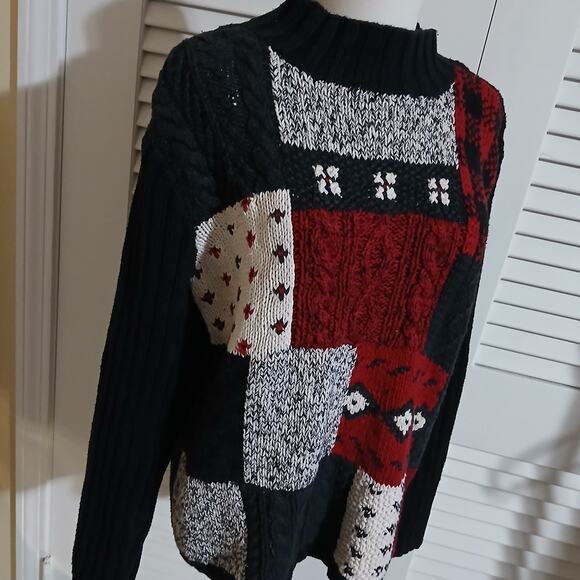 VTG Liz Claiborne Large Mock Neck Cotton Blend Red/Black/White Block Sweater - Picture 4 of 13